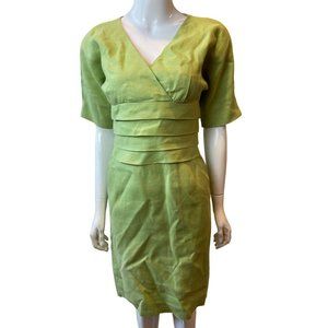 Nipon Boutique Womens Wrap Sheath Dress Layered Front 100% Linen Green Size 4